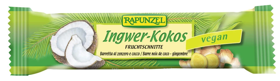 Rapunzel Fruchtschnitte Ingwer-Kokos, 40 Gr Stück 1 Rapunzel Fruchtschnitte Ingwer-Kokos, 40 Gr Stück