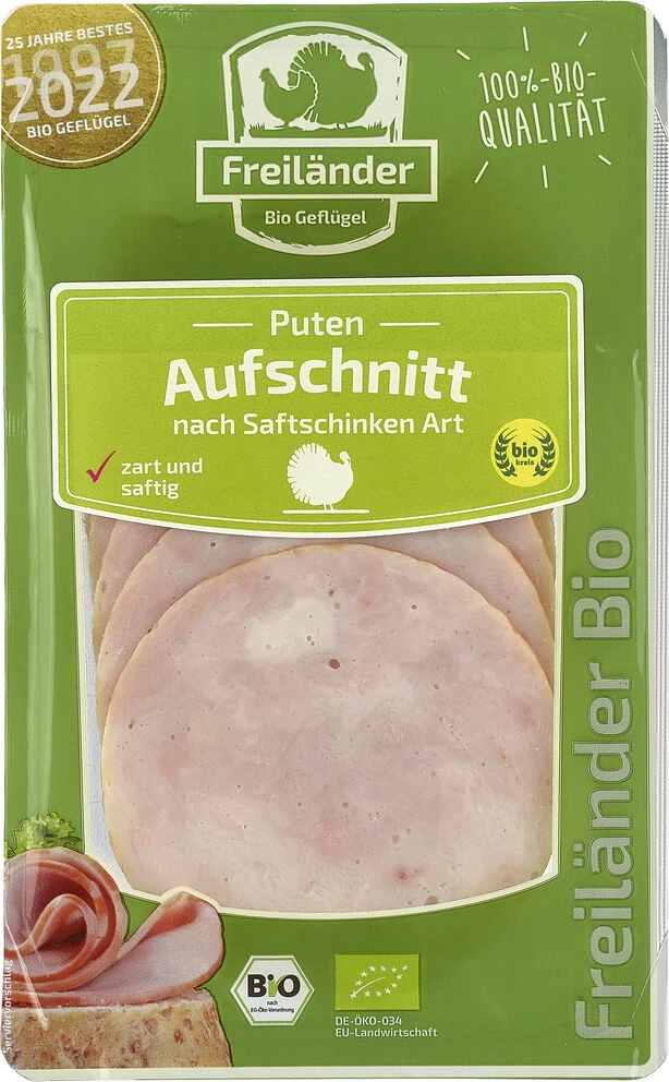 Freiland Puten Bio Puten-Aufschnitt Nach Saftschinken Art, 80 Gr 1 Freiland Puten Bio Puten-Aufschnitt Nach Saftschinken Art, 80 Gr