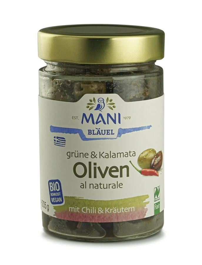 Mani Grüne & Kalamata Oliven Al Naturale Mit Chili 1 Mani Grüne & Kalamata Oliven Al Naturale Mit Chili