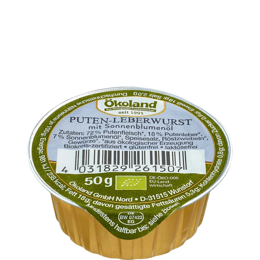 Ökoland Puten-Leberwurst Fein Mit Sonnenblumenöl , 1 Ökoland Puten-Leberwurst Fein Mit Sonnenblumenöl ,