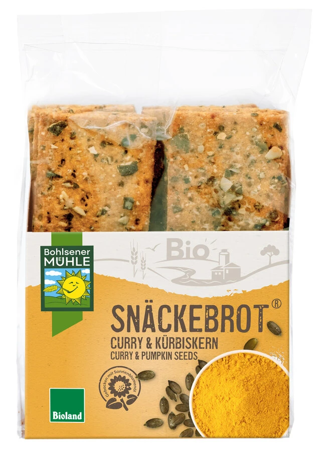 Bohlsener Mühle Curry & Kürbiskern Snäckebrot, Bio 1 Bohlsener Mühle Curry & Kürbiskern Snäckebrot, Bio